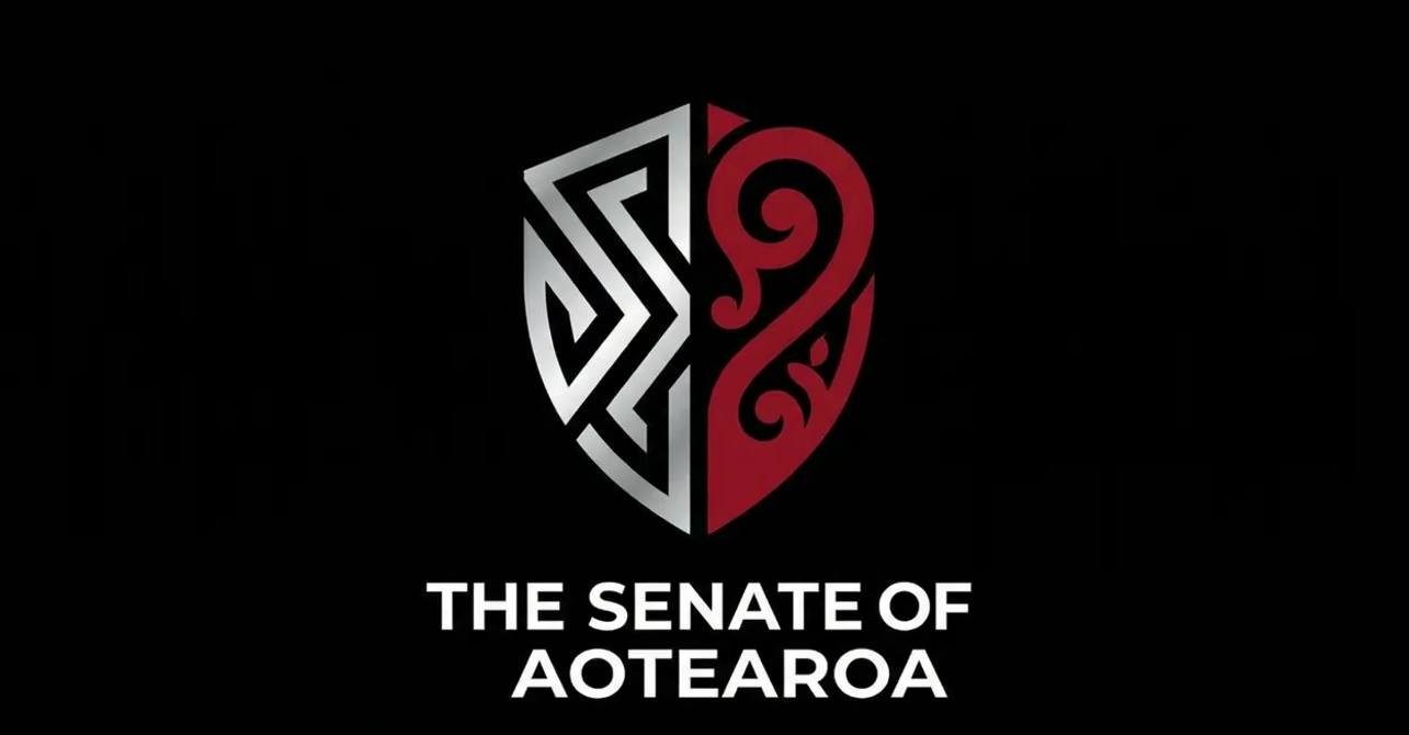 The Citizens' Senate crest — a shield split into a silver geometric half and a crimson koru half, above the words The Senate of Aotearoa
